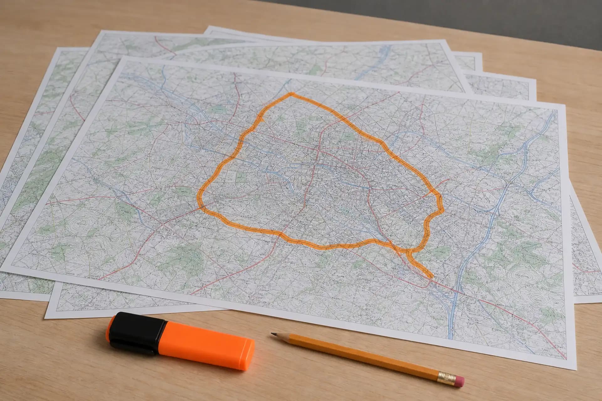 Mapas impresos sobre una mesa, con una zona marcada.