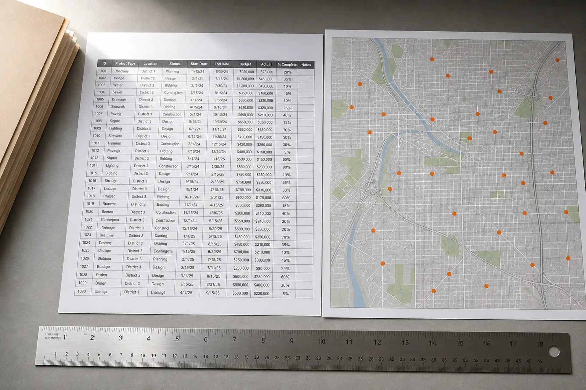 Lista impresa junto a un mapa con puntos marcados.