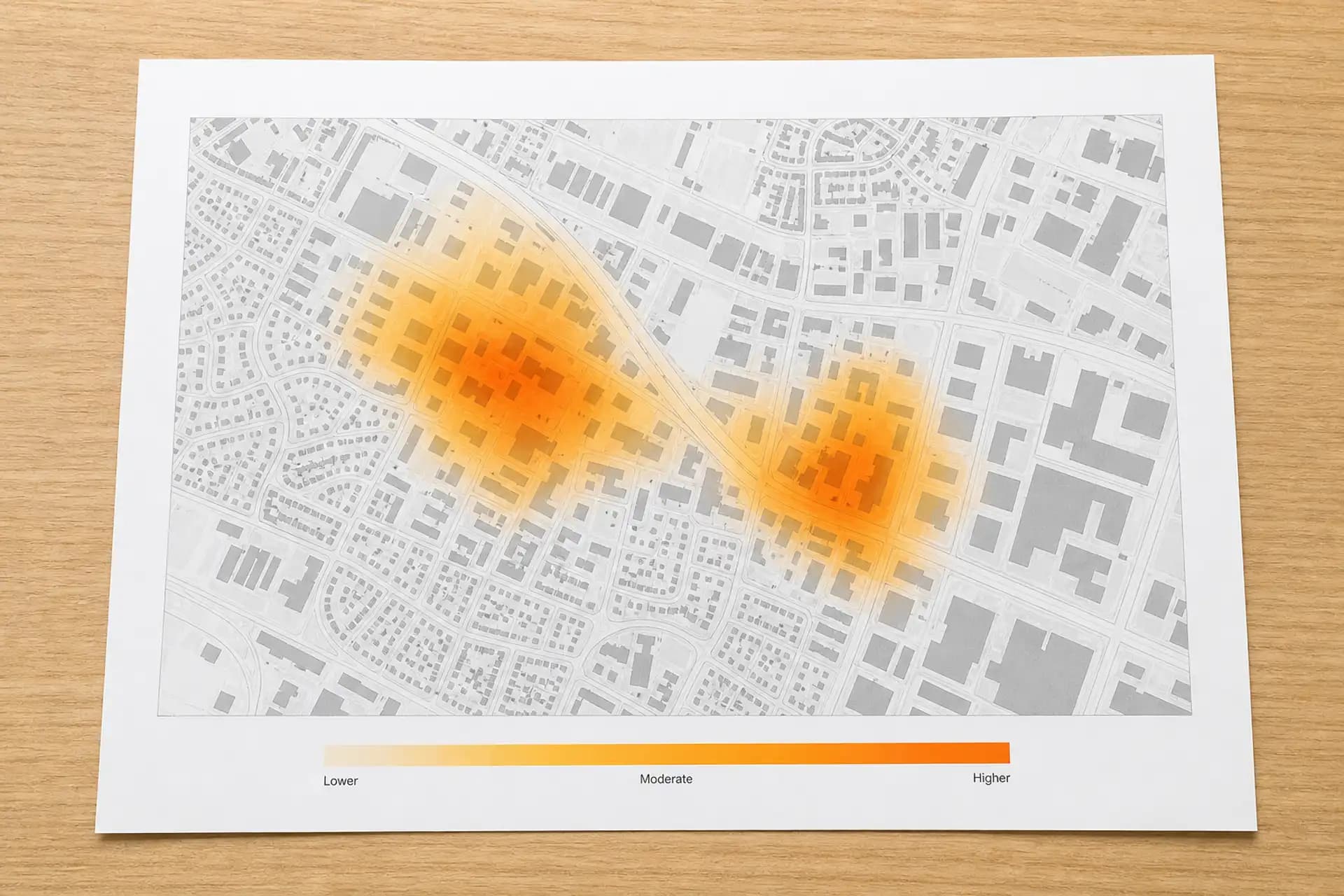 Mapa de calor impreso sobre una superficie de madera.