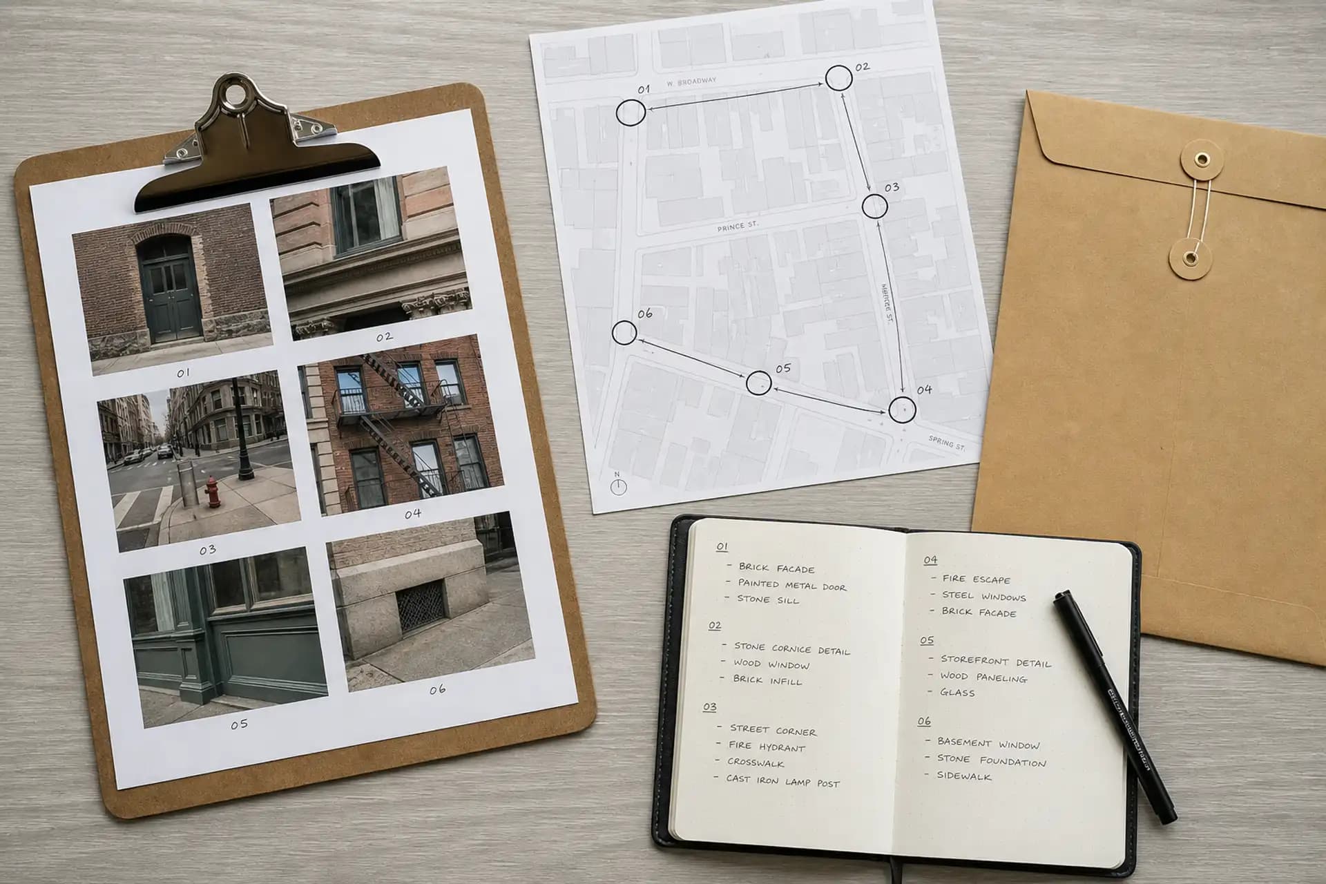 Mapa de recorrido, fotografías de calle y notas de captura en sitio.