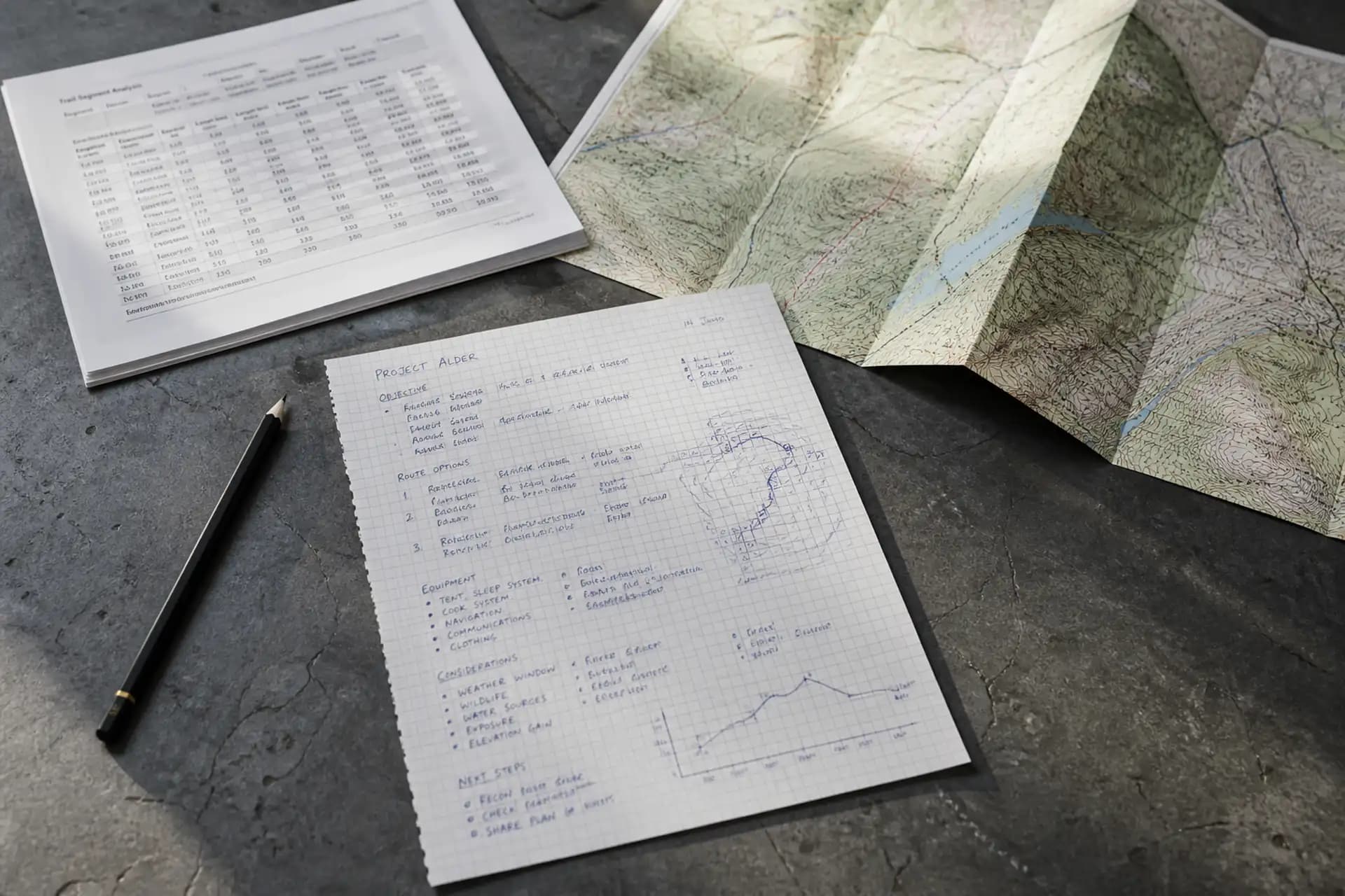 Notas de campo, mapa topográfico y tabla de tramos.