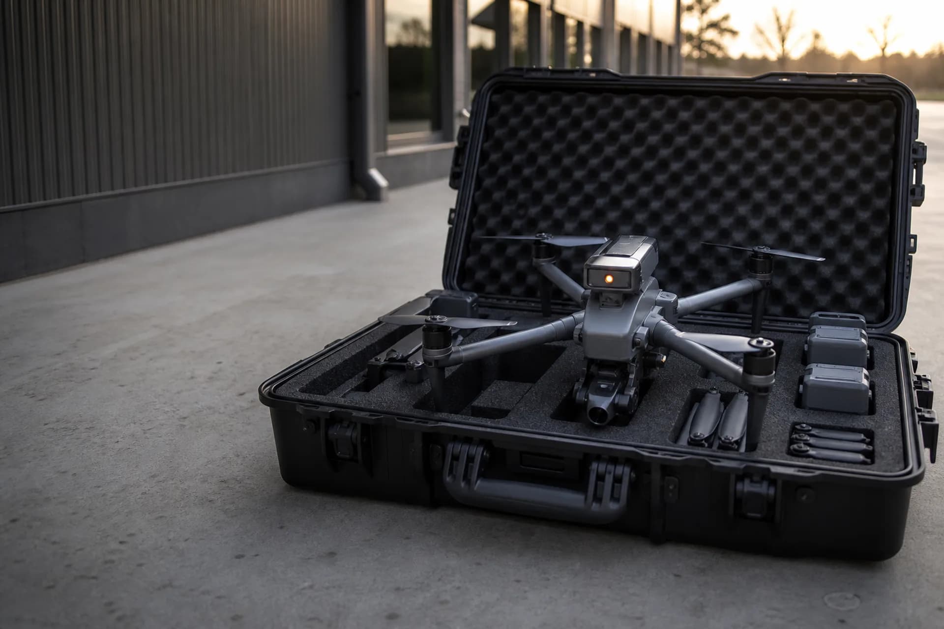 Dron de captura en su estuche de transporte con baterías de repuesto.