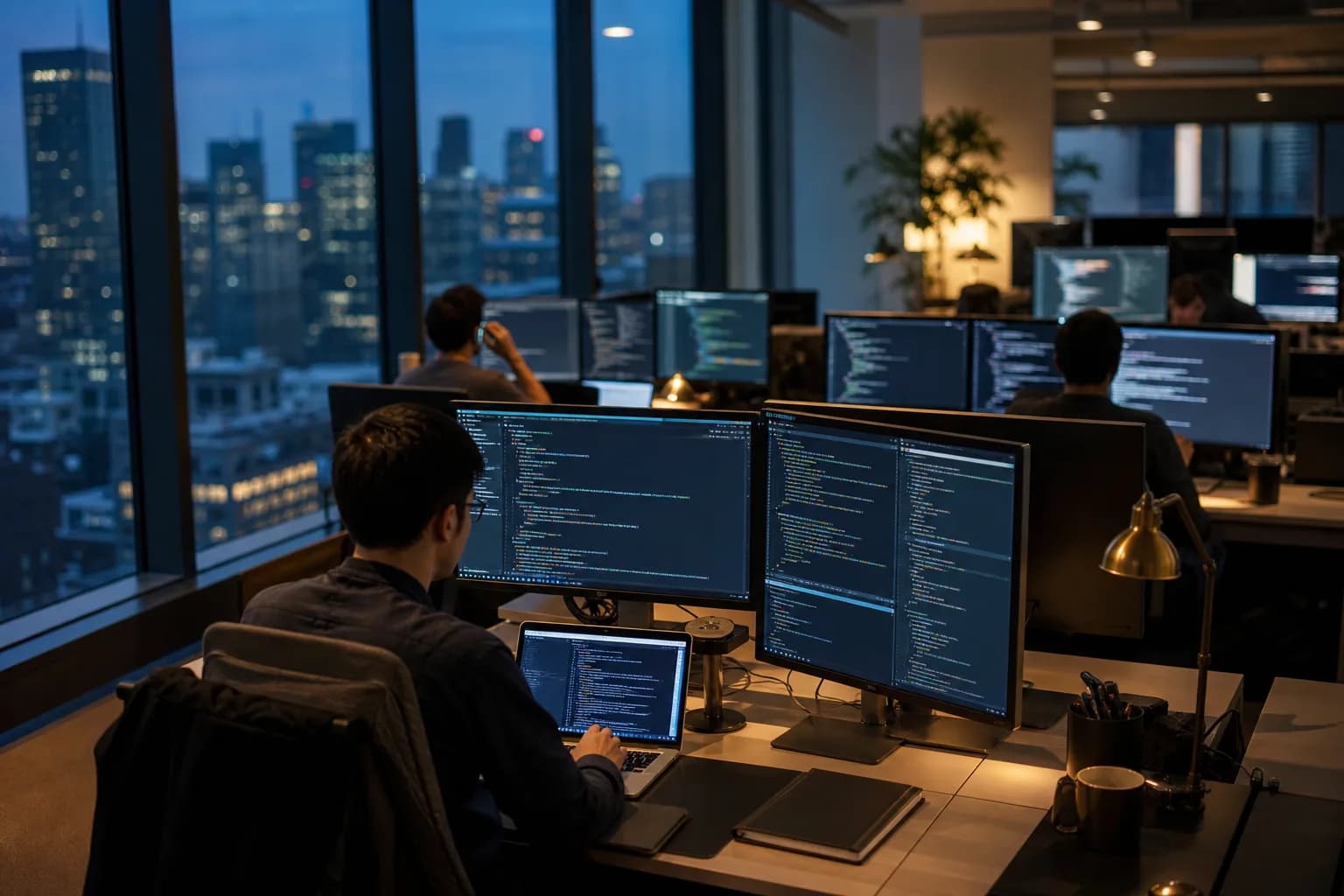 Piso de ingeniería con estaciones de trabajo de varios monitores al anochecer.