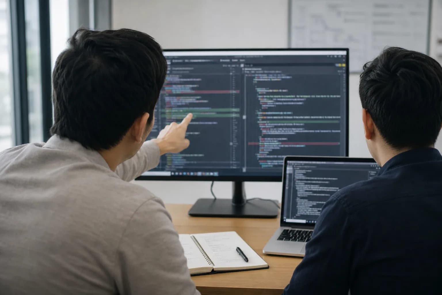 Dos ingenieros revisando código en una estación de trabajo.